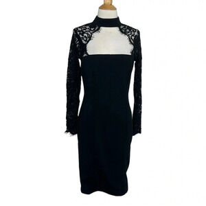 Do+Be M dress sexy black high neck long sleeve lace cut out front‎ bandage midi